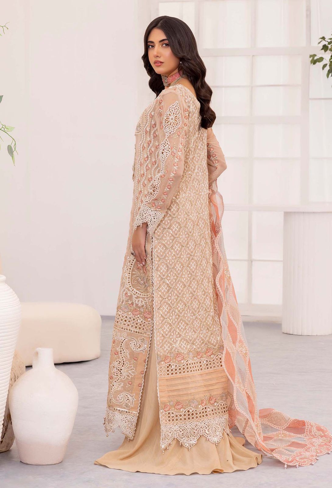AL Embroidered Peach Luxury Organza Dress