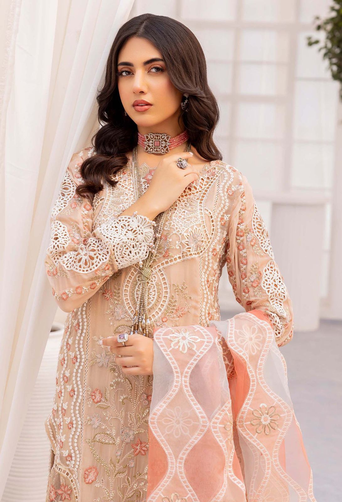 AL Embroidered Peach Luxury Organza Dress