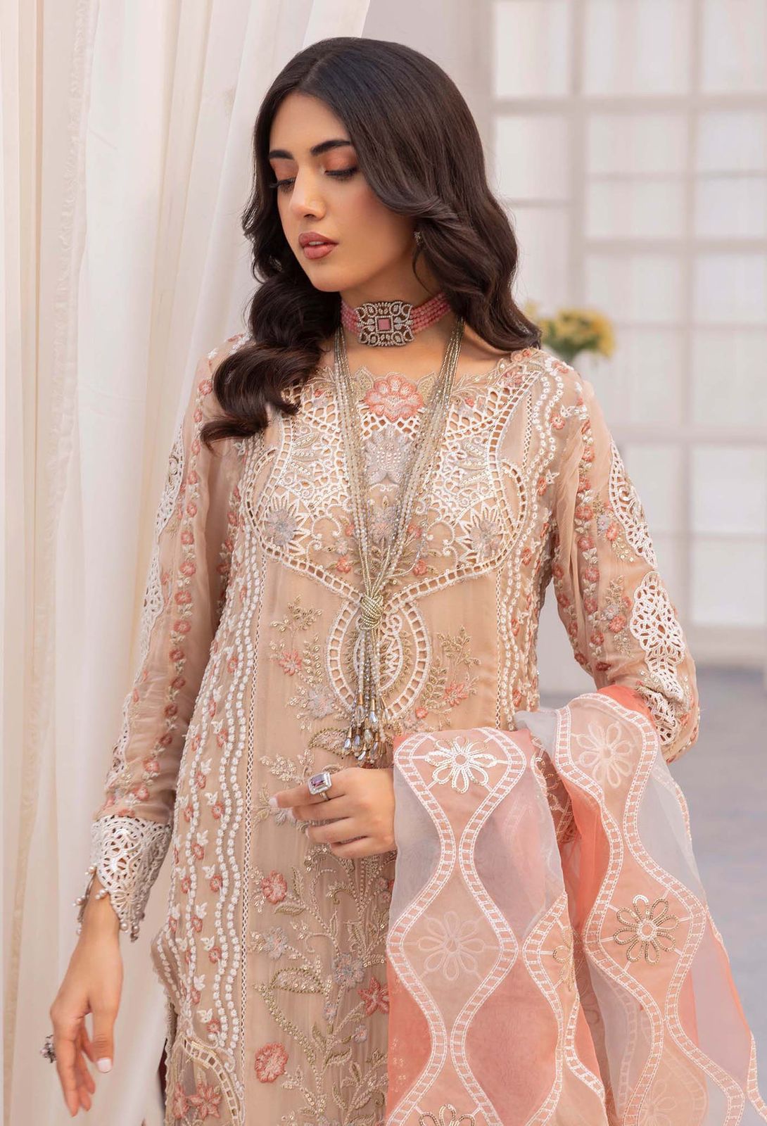 AL Embroidered Peach Luxury Organza Dress