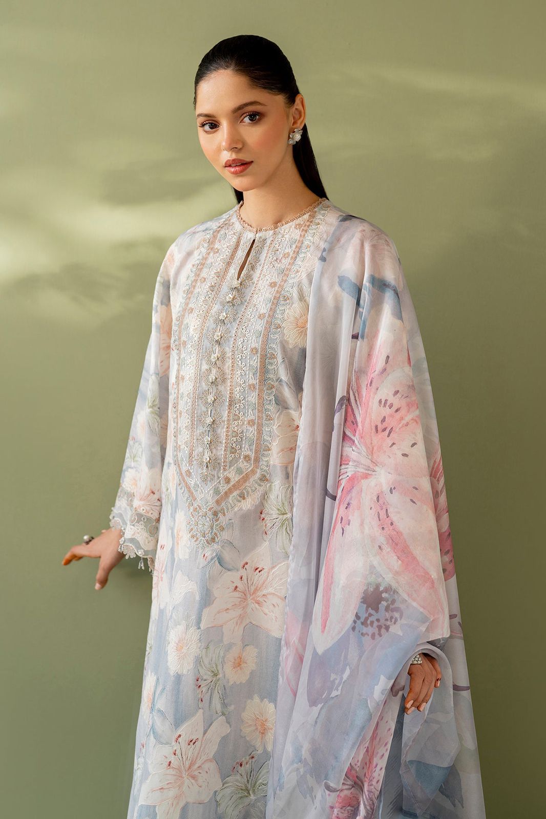 BRQ Embroidered Tie & Dye Sky Blue Luxury Lawn Dress