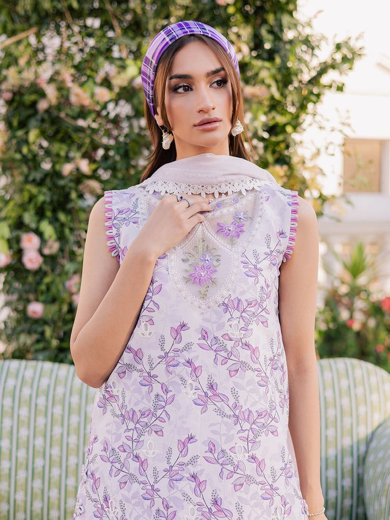 Parishay Chickenkari Printed Purple Luxruy Swiss Lawn Dress