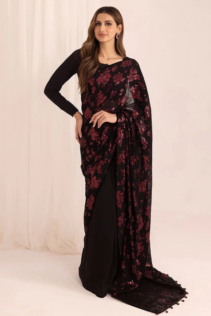 JZM Embroidered Black & Red Luxury Chiffon Saree