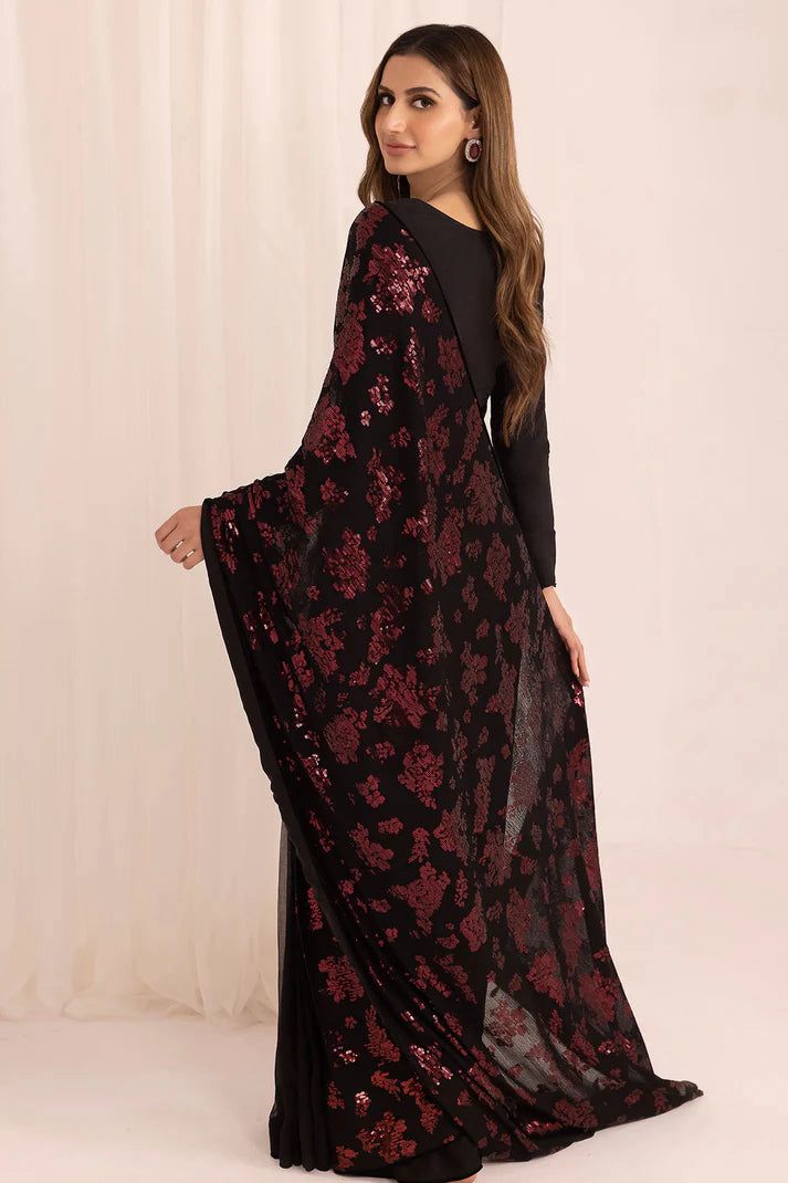JZM Embroidered Black & Red Luxury Chiffon Saree