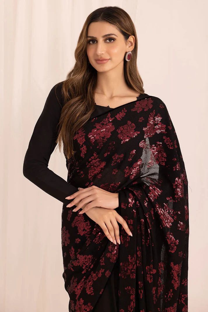 JZM Embroidered Black & Red Luxury Chiffon Saree