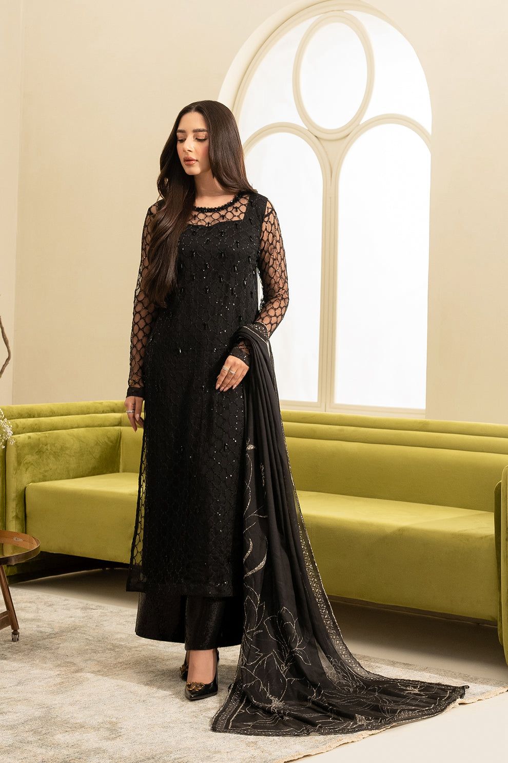 LSR Embroidered Black Luxury Net Dress