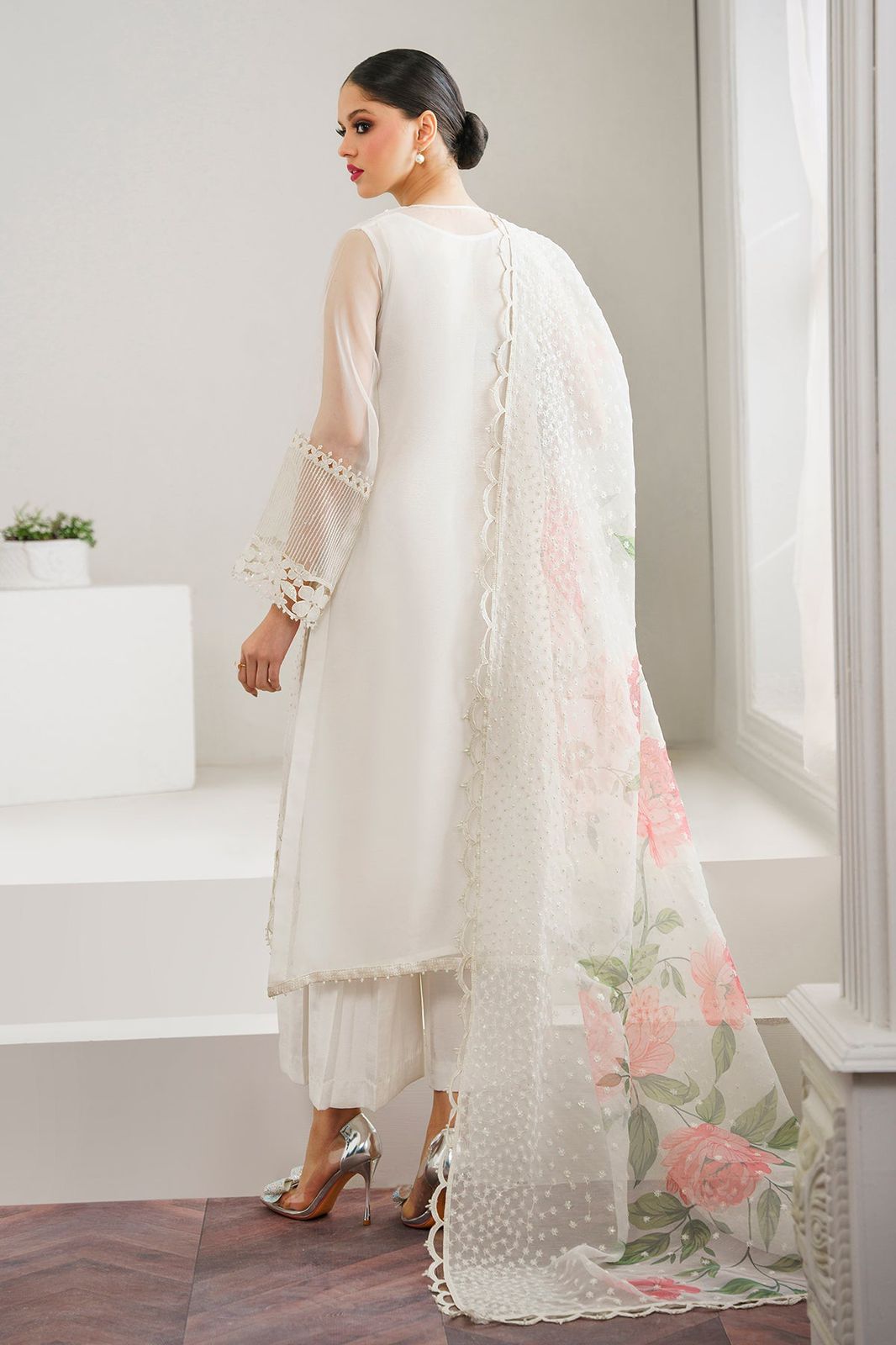 BRQ Embroidered White Luxury Organza Dress