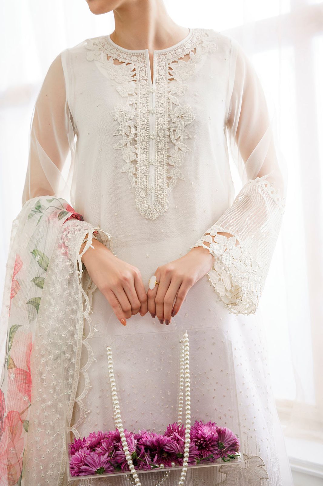 BRQ Embroidered White Luxury Organza Dress