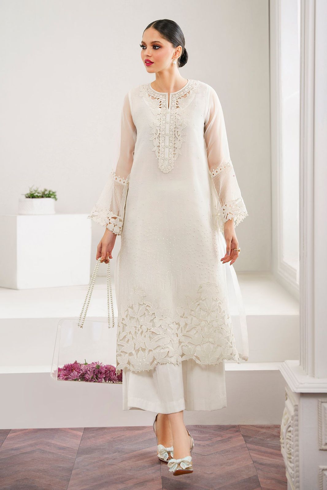 BRQ Embroidered White Luxury Organza Dress