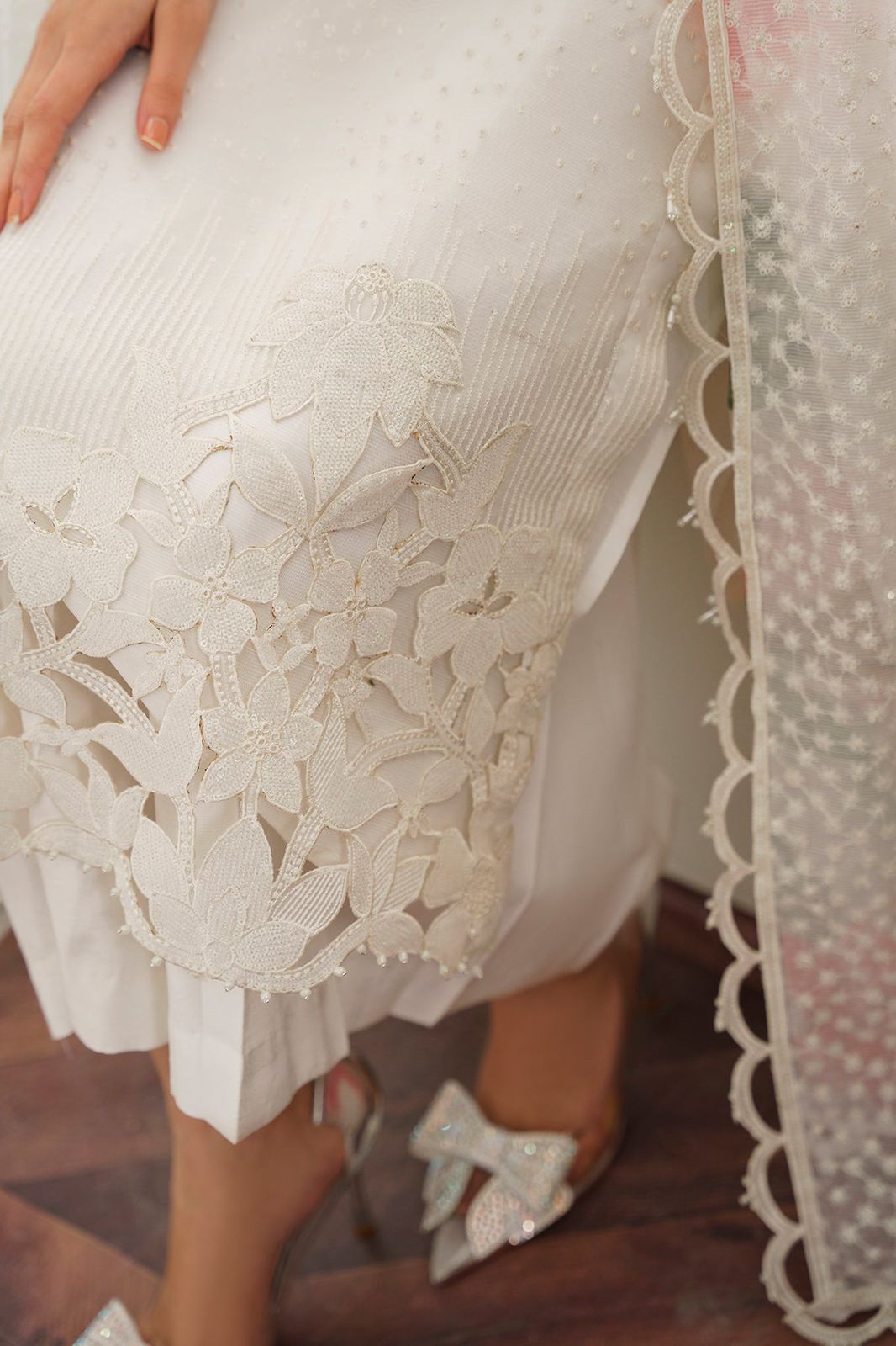 BRQ Embroidered White Luxury Organza Dress