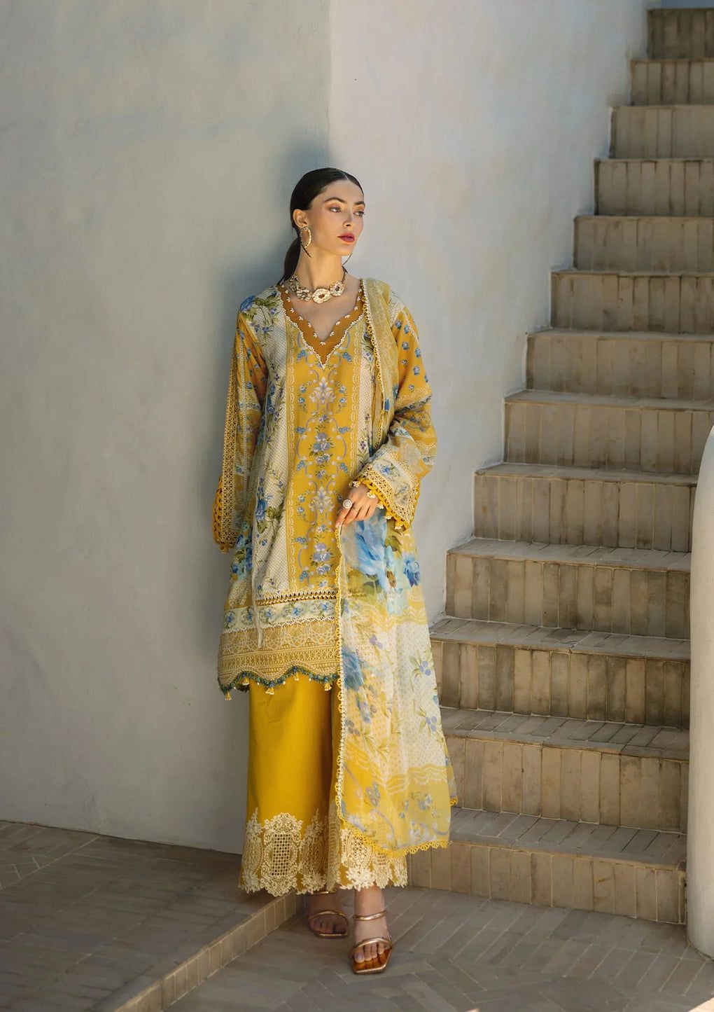 ELF Embroidered Yellow Luxury Lawn Dress