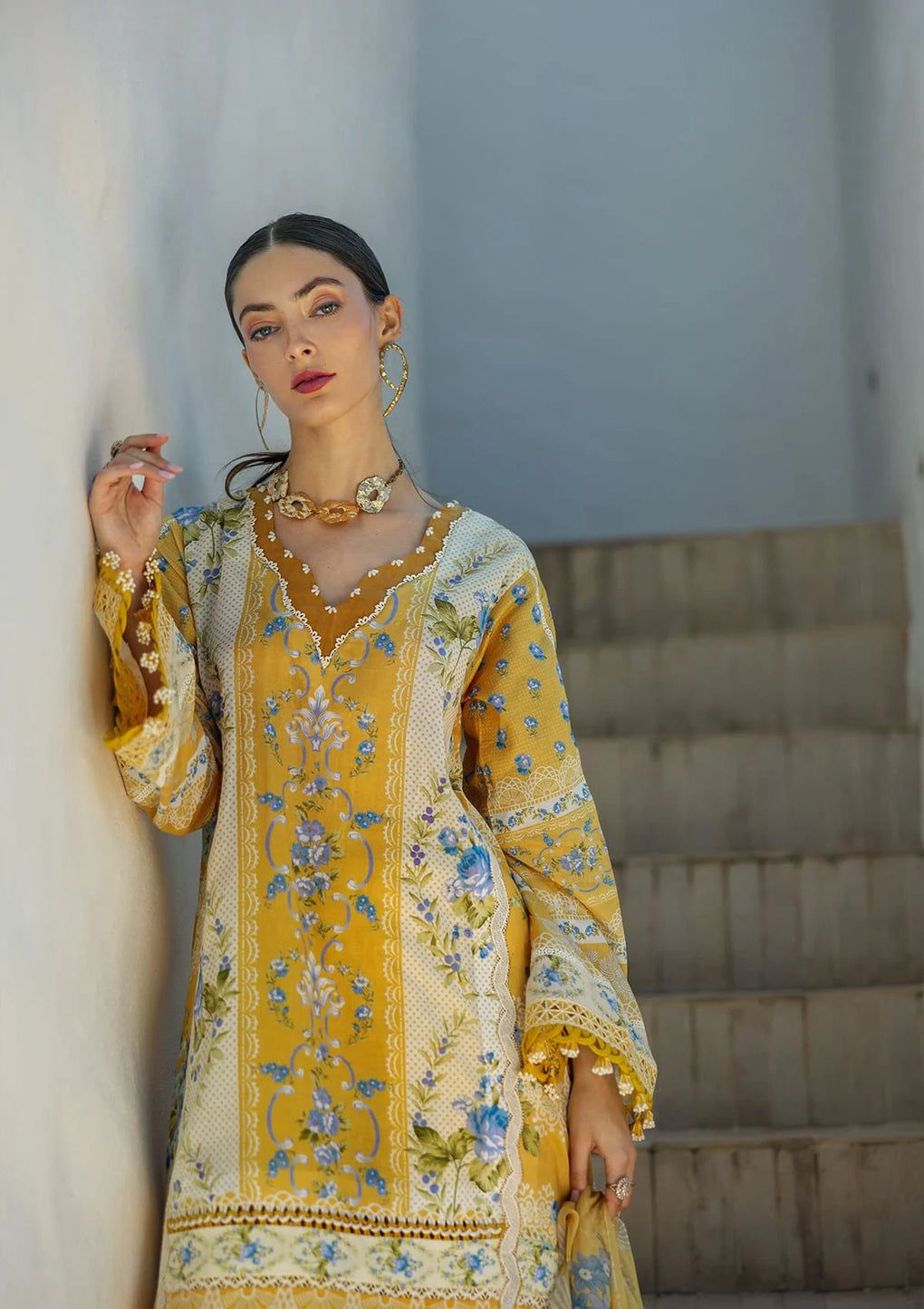 ELF Embroidered Yellow Luxury Lawn Dress