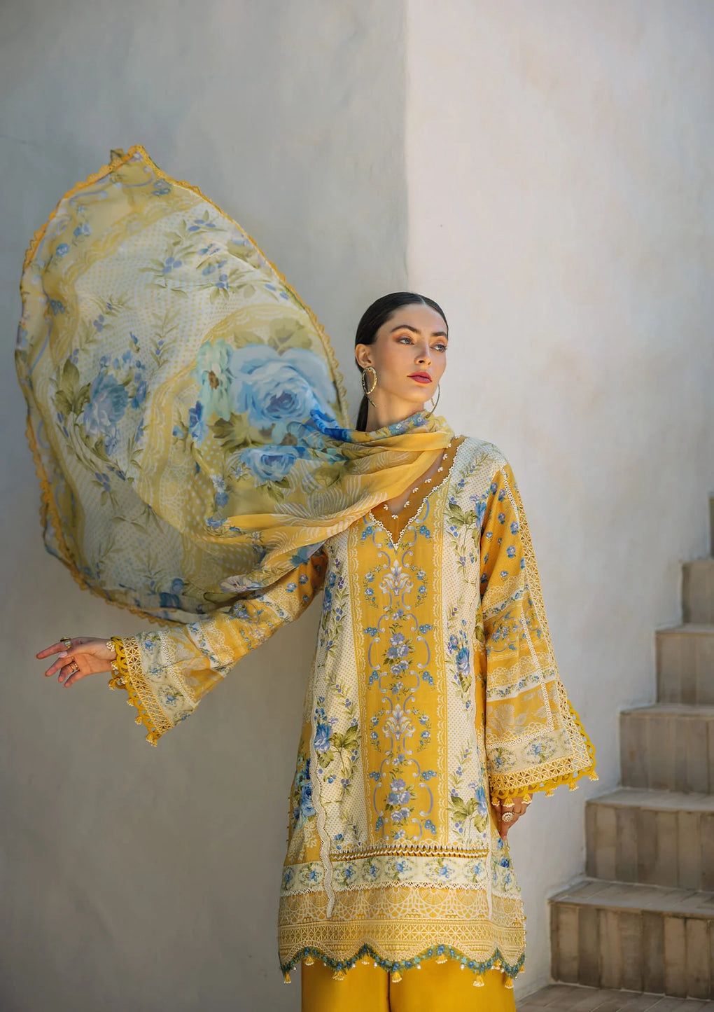 ELF Embroidered Yellow Luxury Lawn Dress
