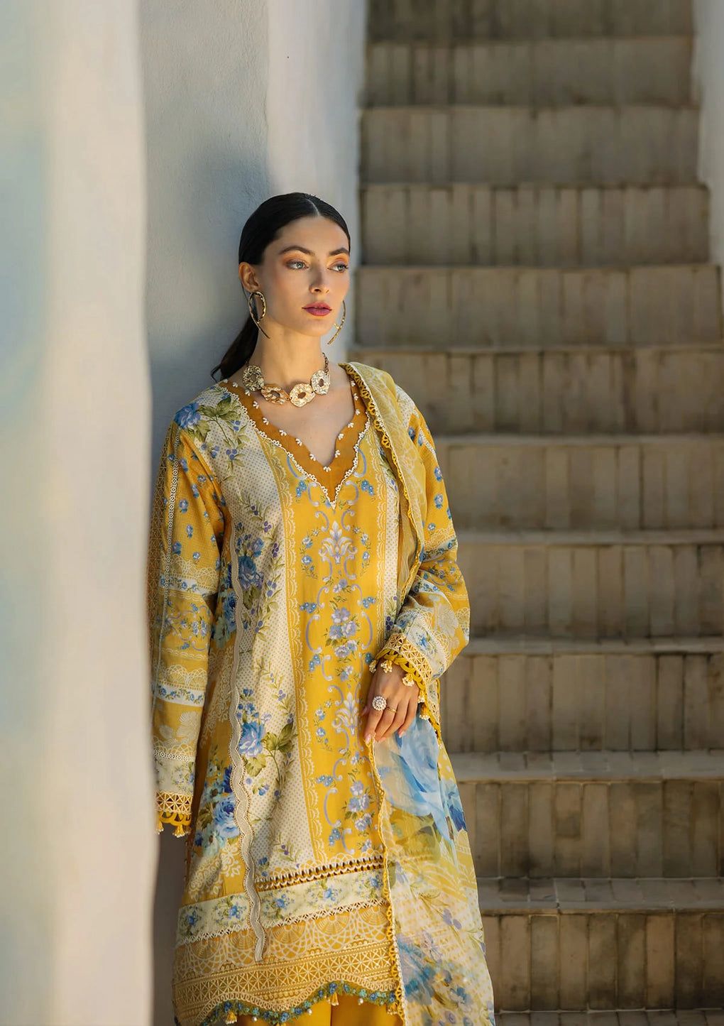 ELF Embroidered Yellow Luxury Lawn Dress