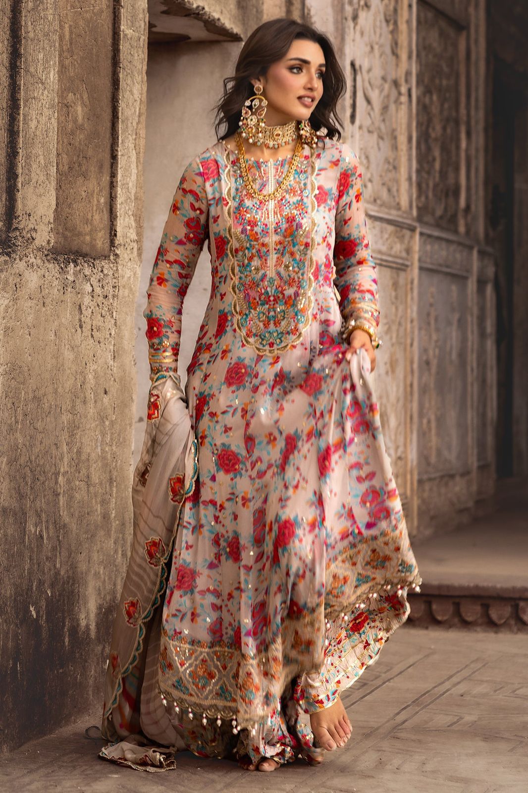 CHZ Embroidered Multi Floral Luxury Chiffon Dress