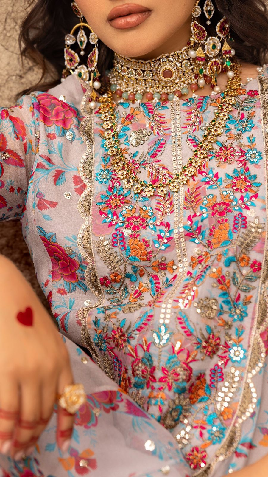 CHZ Embroidered Multi Floral Luxury Chiffon Dress