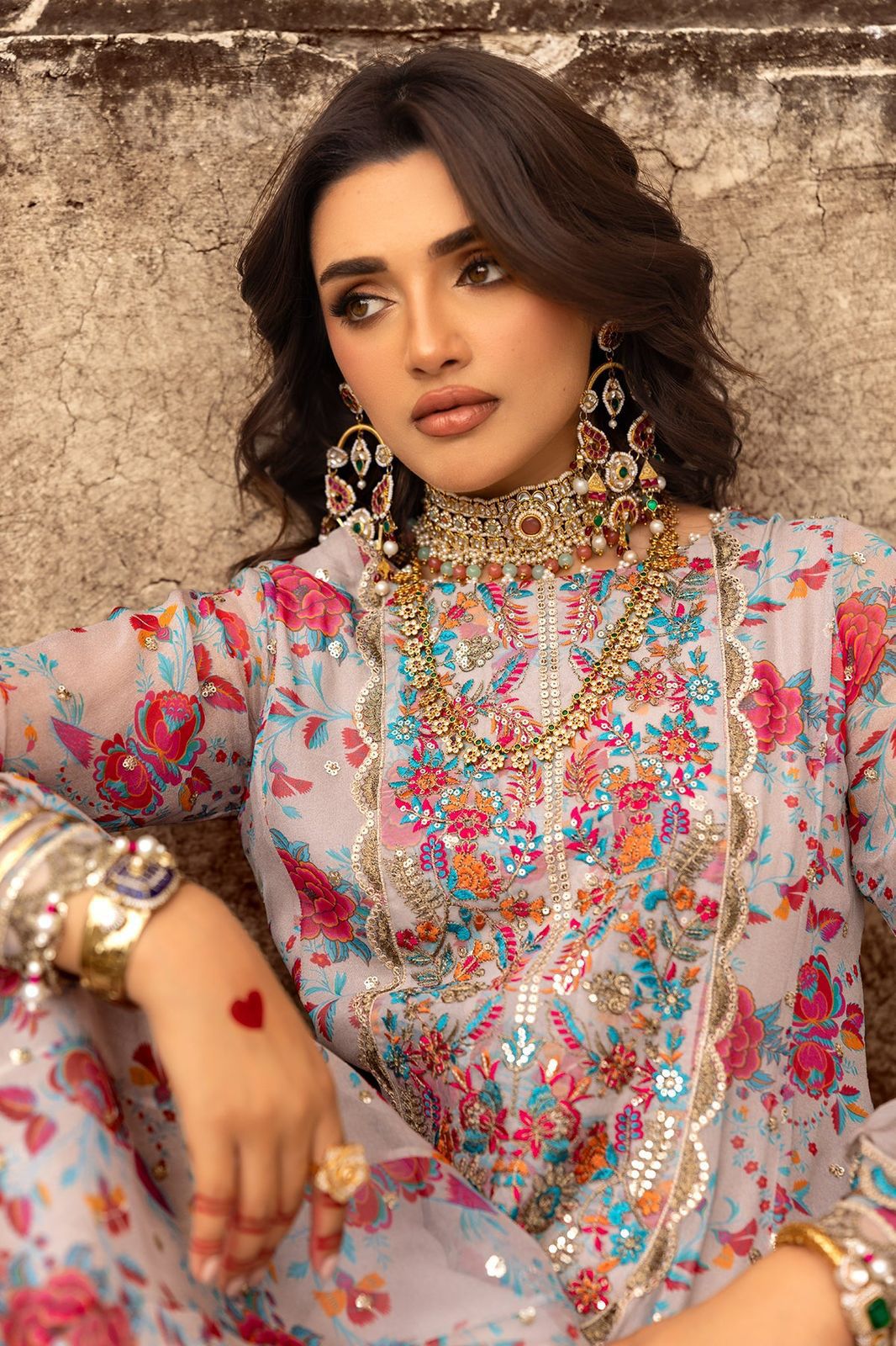 CHZ Embroidered Multi Floral Luxury Chiffon Dress