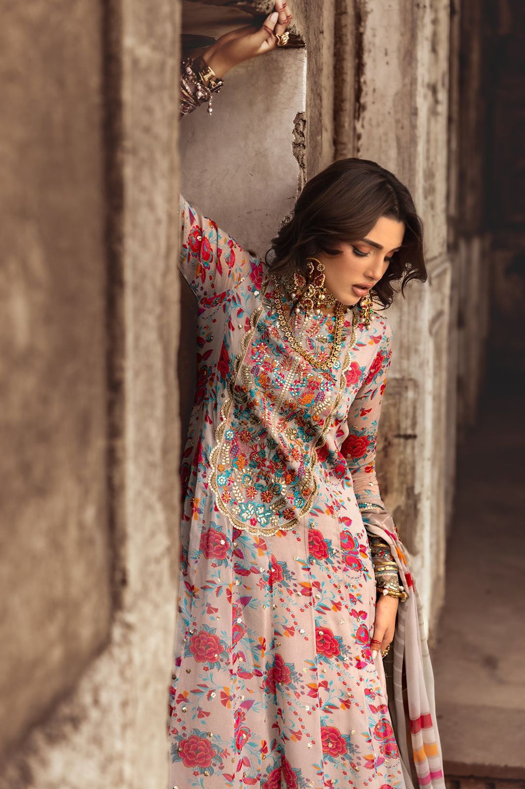 CHZ Embroidered Multi Floral Luxury Chiffon Dress