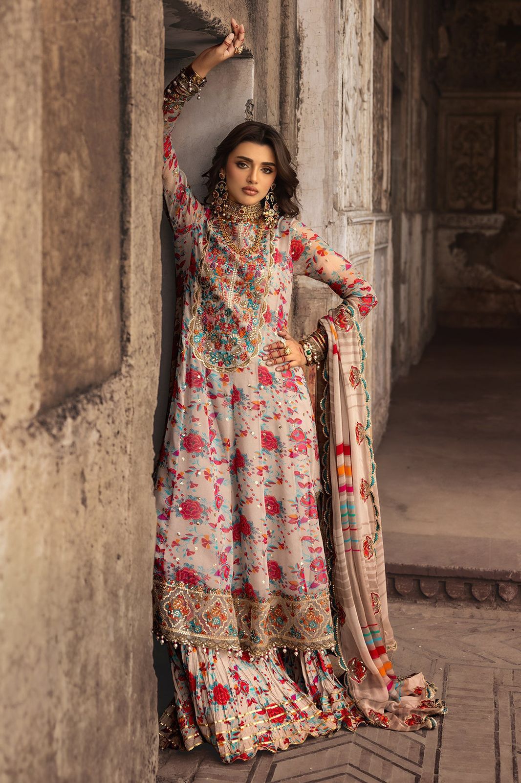 CHZ Embroidered Multi Floral Luxury Chiffon Dress