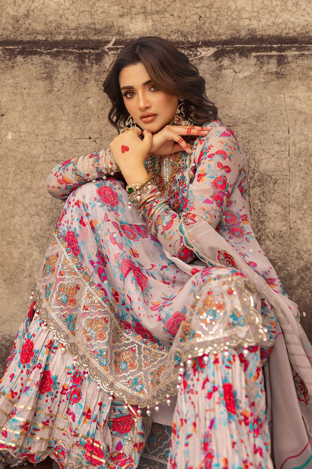 CHZ Embroidered Multi Floral Luxury Chiffon Dress