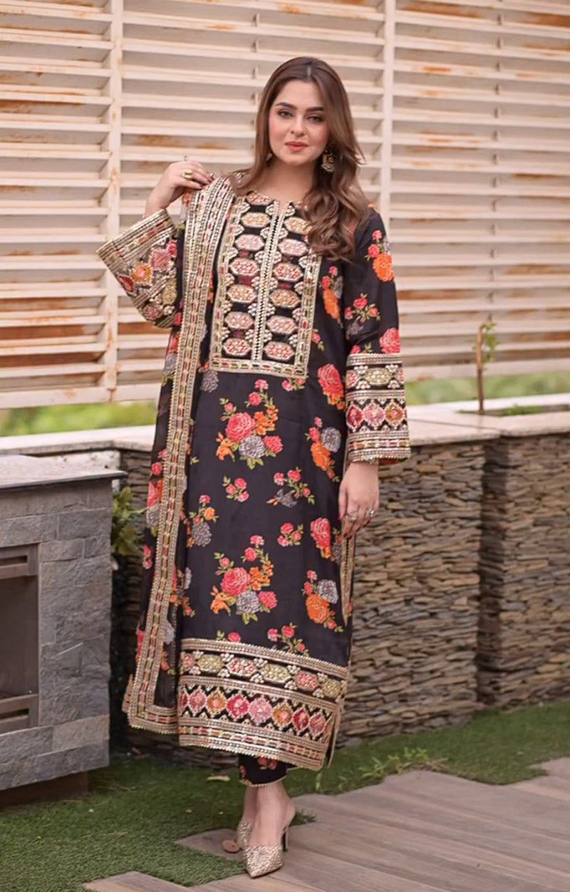 ANL Embroidered Black Luxury Silk Dress