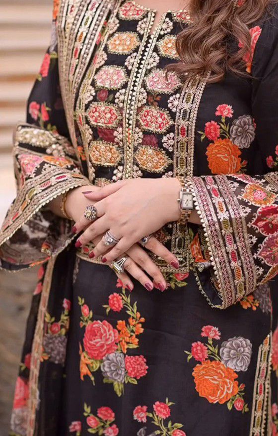 ANL Embroidered Black Luxury Silk Dress