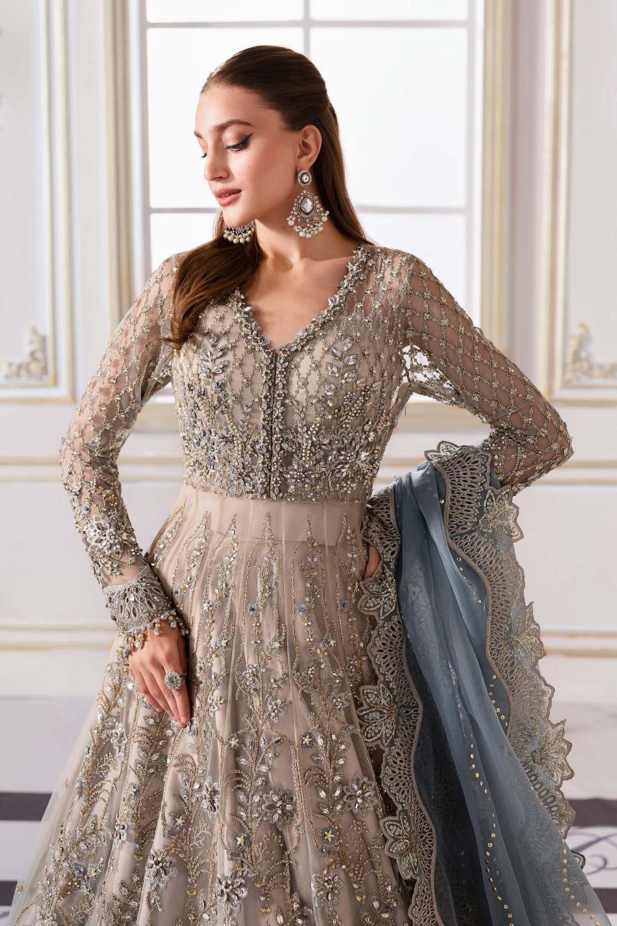 MB Embroidered Bridal Blue Luxury Net Maxi - Unstitched