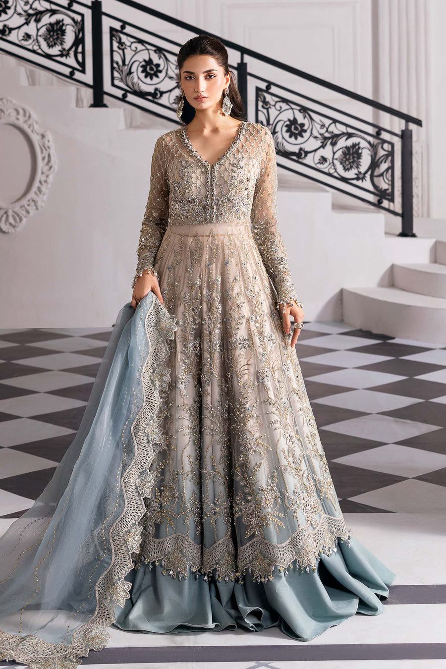 MB Embroidered Bridal Blue Luxury Net Maxi - Unstitched