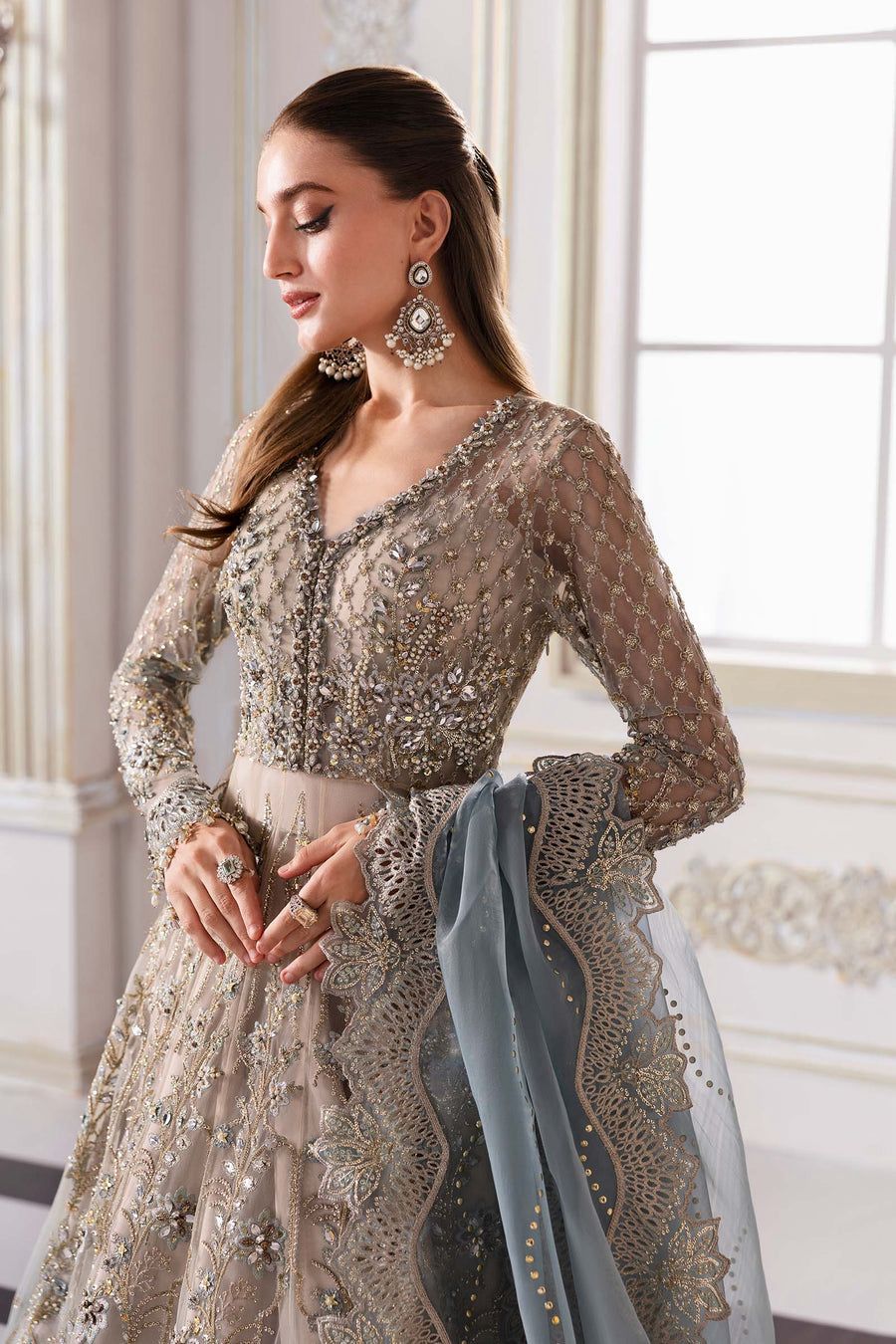 MB Embroidered Bridal Blue Luxury Net Maxi - Unstitched