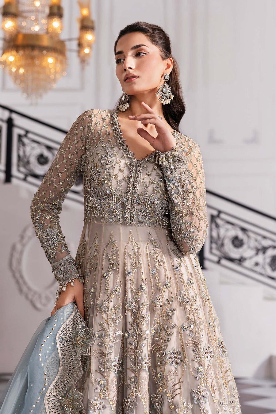 MB Embroidered Bridal Blue Luxury Net Maxi - Unstitched
