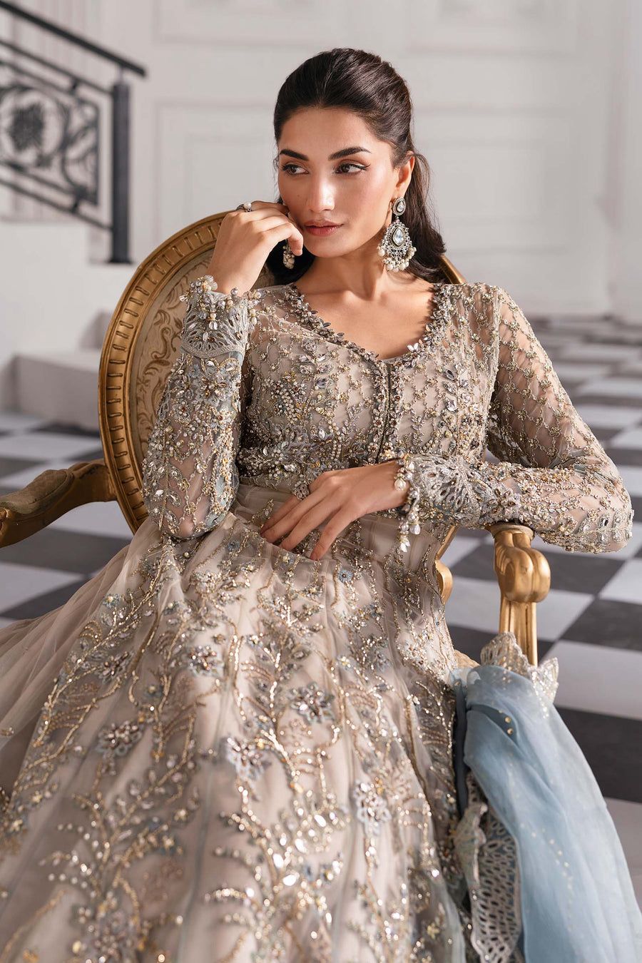 MB Embroidered Bridal Blue Luxury Net Maxi - Unstitched