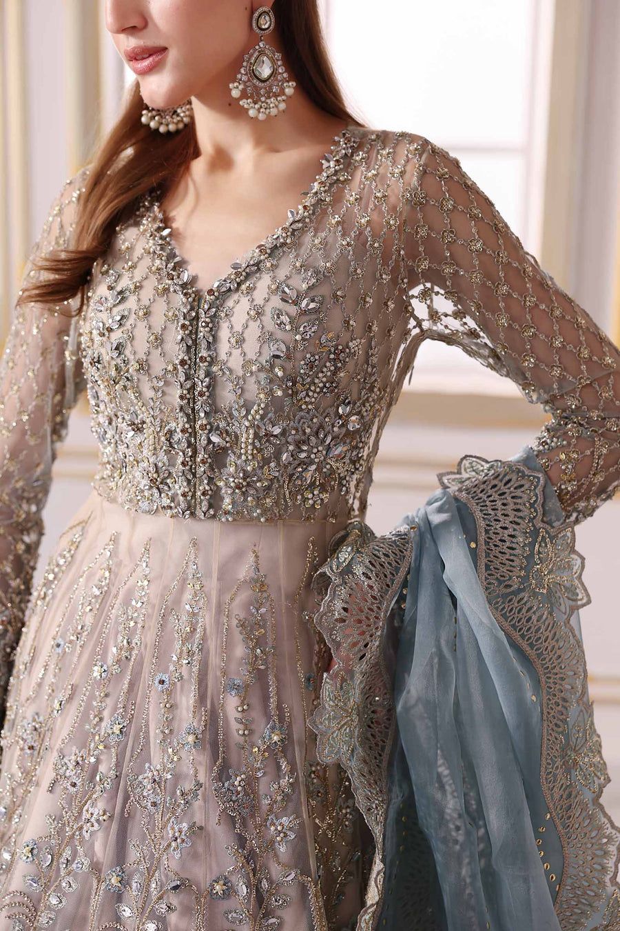 MB Embroidered Bridal Blue Luxury Net Maxi - Unstitched