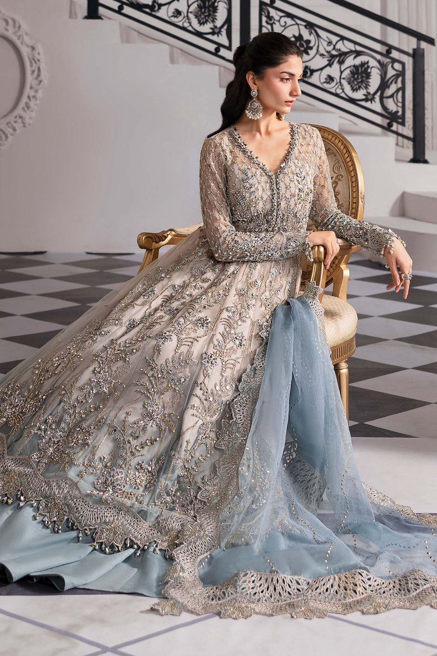MB Embroidered Bridal Blue Luxury Net Maxi - Unstitched
