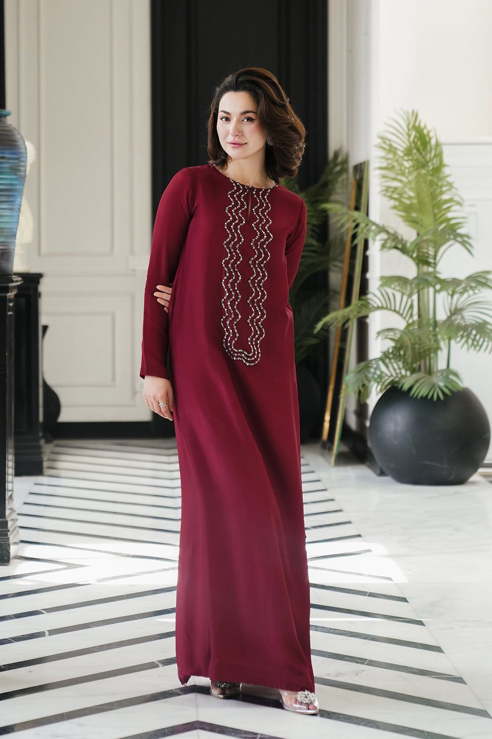 LSR Embroidered Maroon Luxury Silk Dress