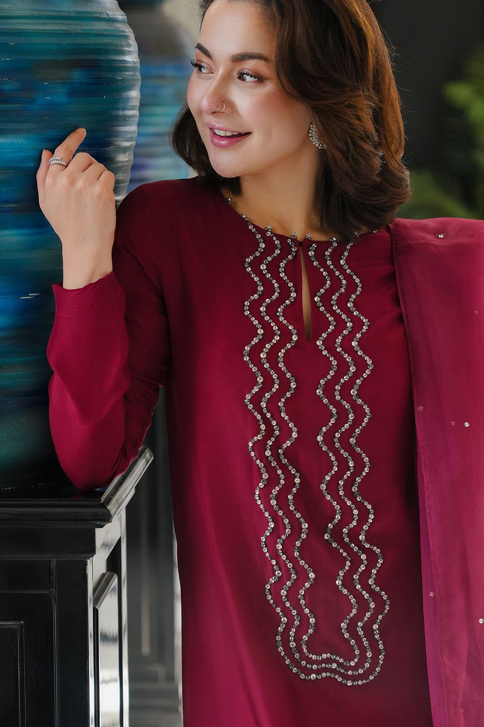 LSR Embroidered Maroon Luxury Silk Dress