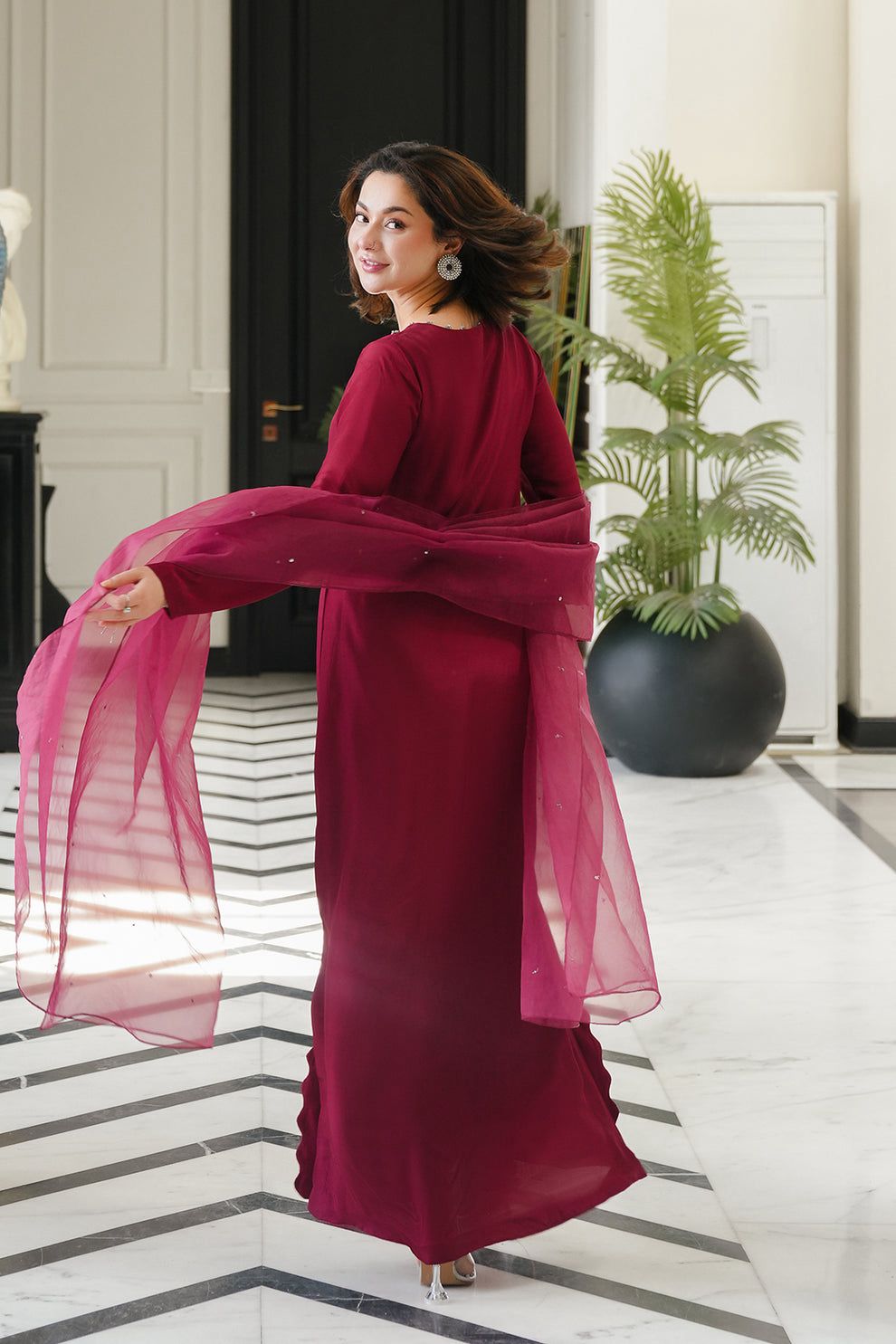 LSR Embroidered Maroon Luxury Silk Dress