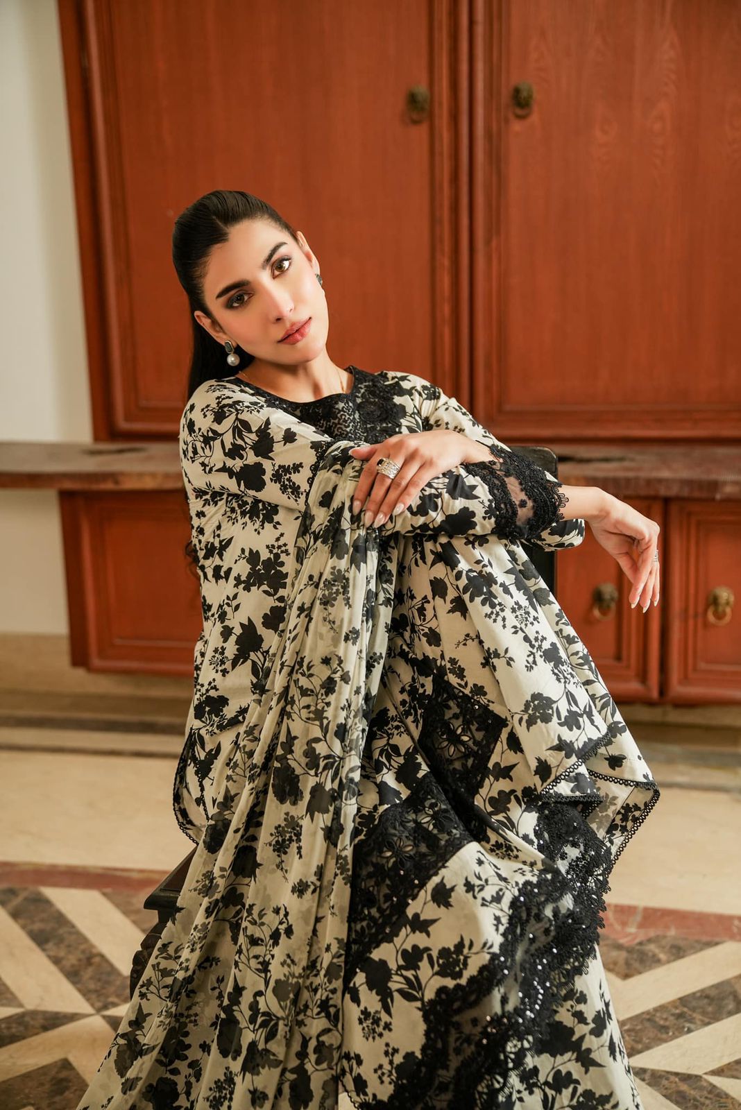 ANL Embroidered Black & Off White Luxury Lawn Dress - Unstitched