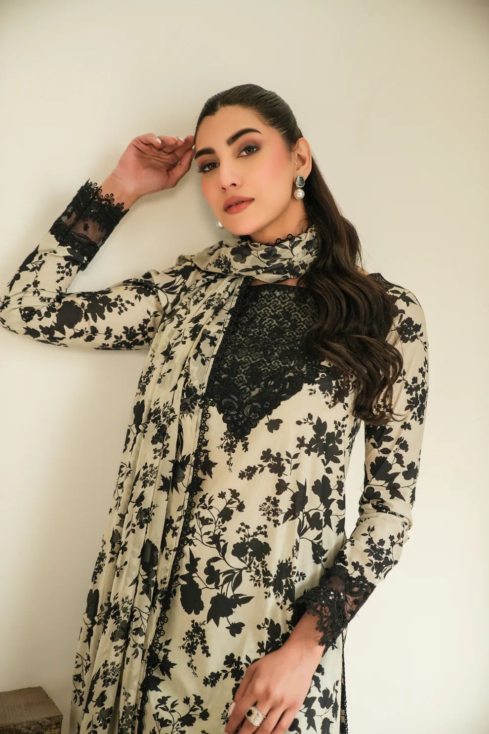 ANL Embroidered Black & Off White Luxury Lawn Dress - Unstitched