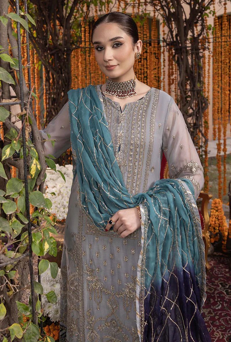 AL Embroidered Grey Luxury Chiffon Dress