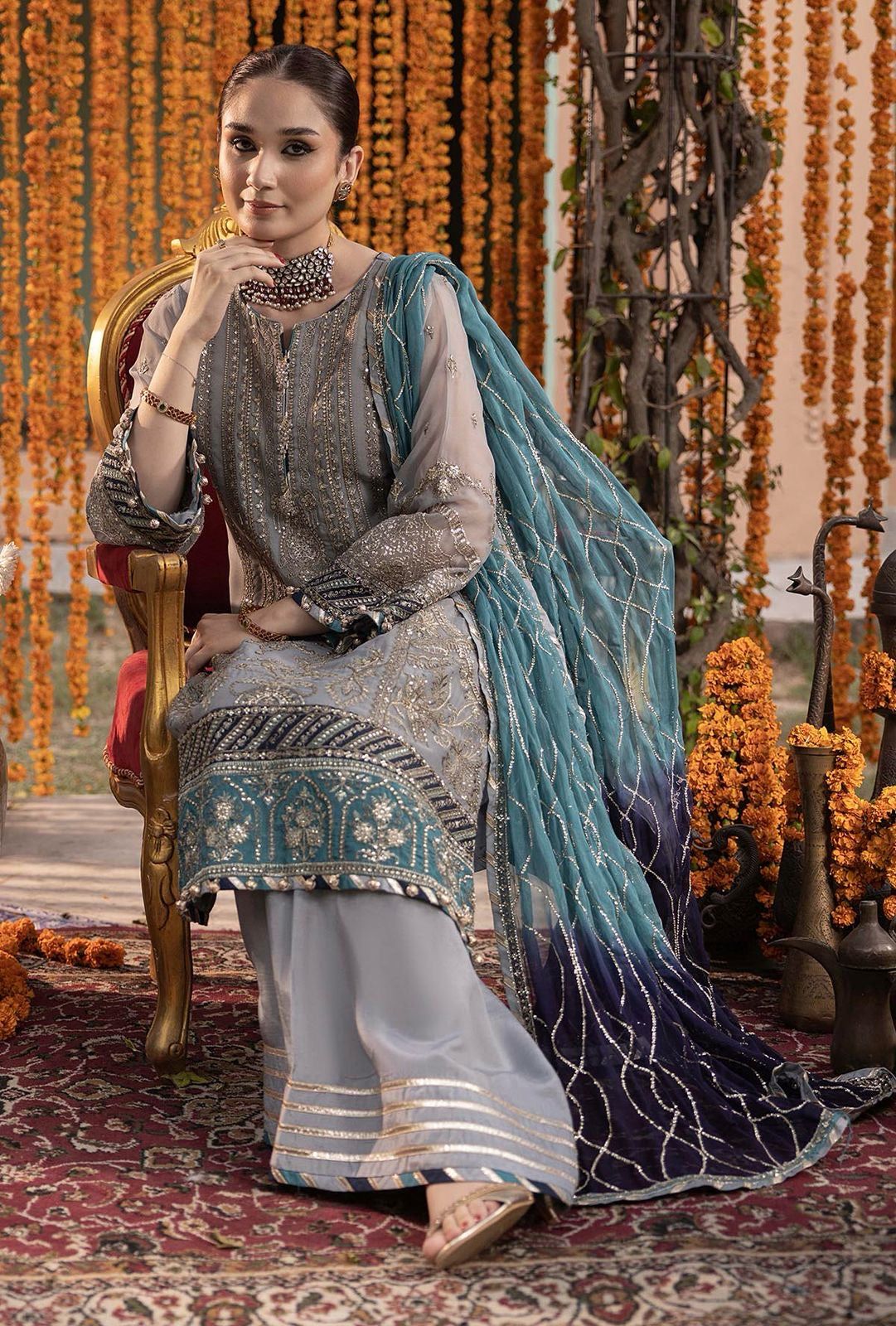 AL Embroidered Grey Luxury Chiffon Dress