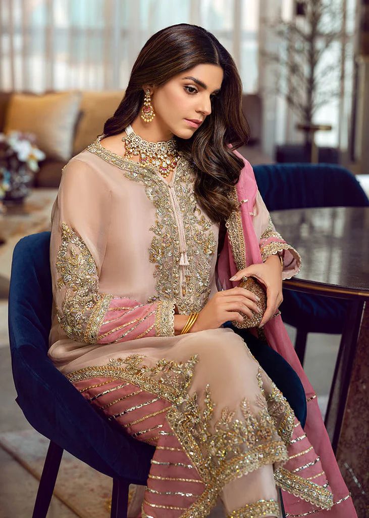 Agha Noor Embroidered Peach Luxury Organza Dress