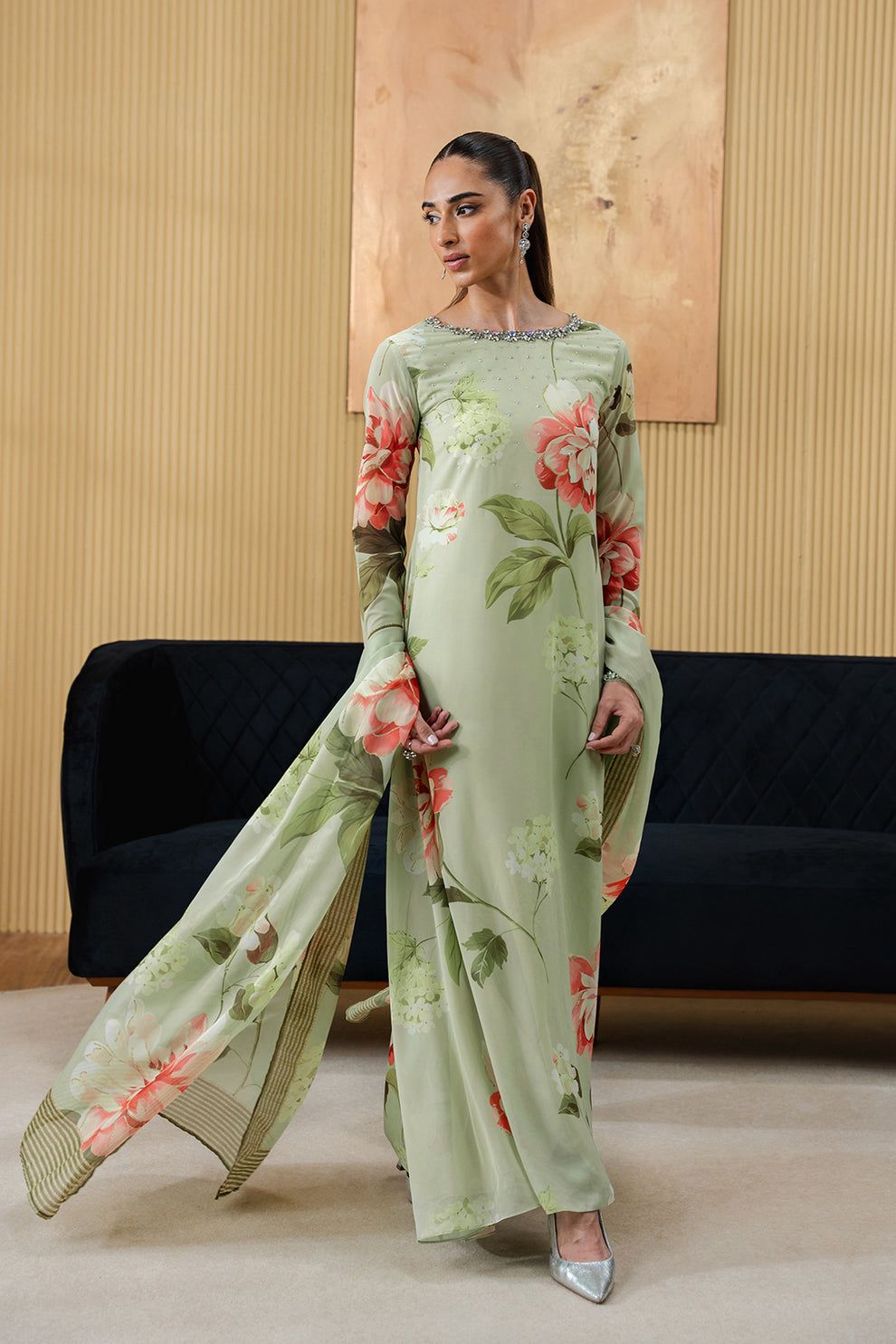 LSR Embroidered Pista Luxury Silk Dress