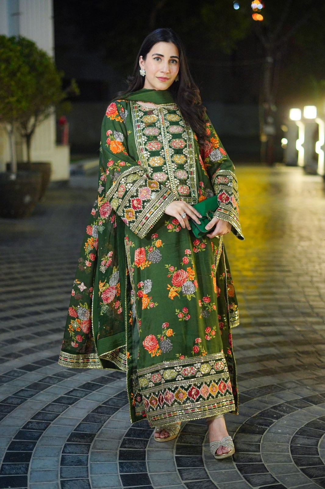 ANL Embroidered Green Luxury Silk Dress