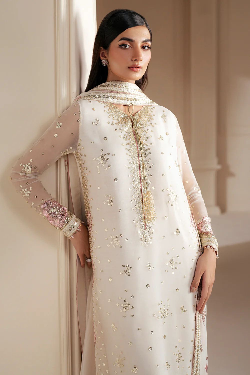 JZM Embroidered Off White Luxury Chiffon Dress