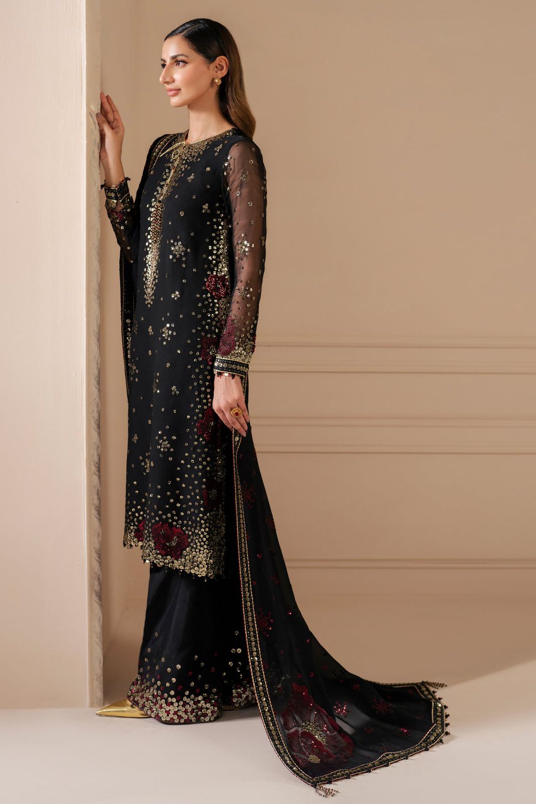 JZM Embroidered Black Luxury Chiffon Dress