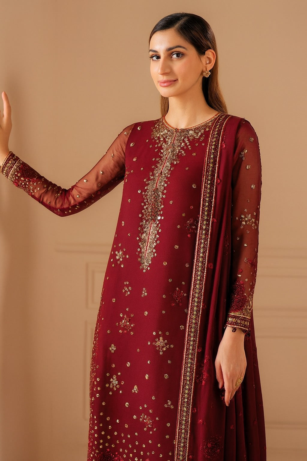 JZM Embroidered Maroon Luxury Chiffon Dress