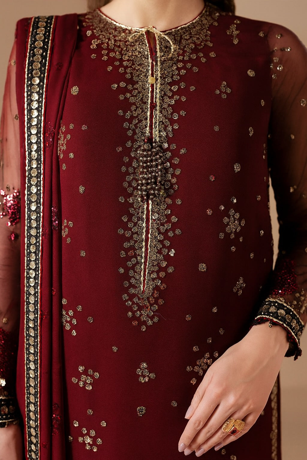 JZM Embroidered Maroon Luxury Chiffon Dress