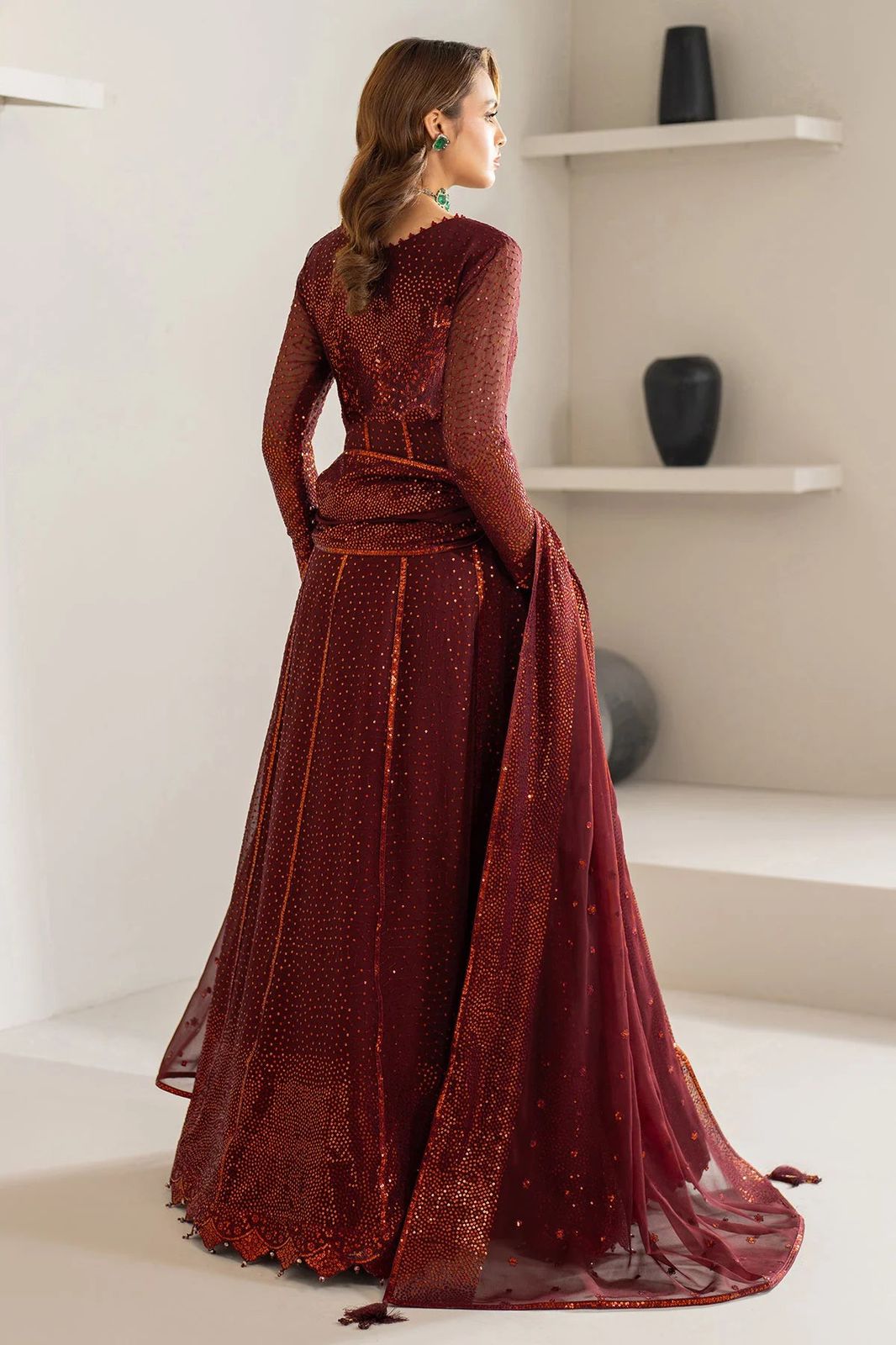 AZH Embroidered Maroon Luxury Chiffon Dress