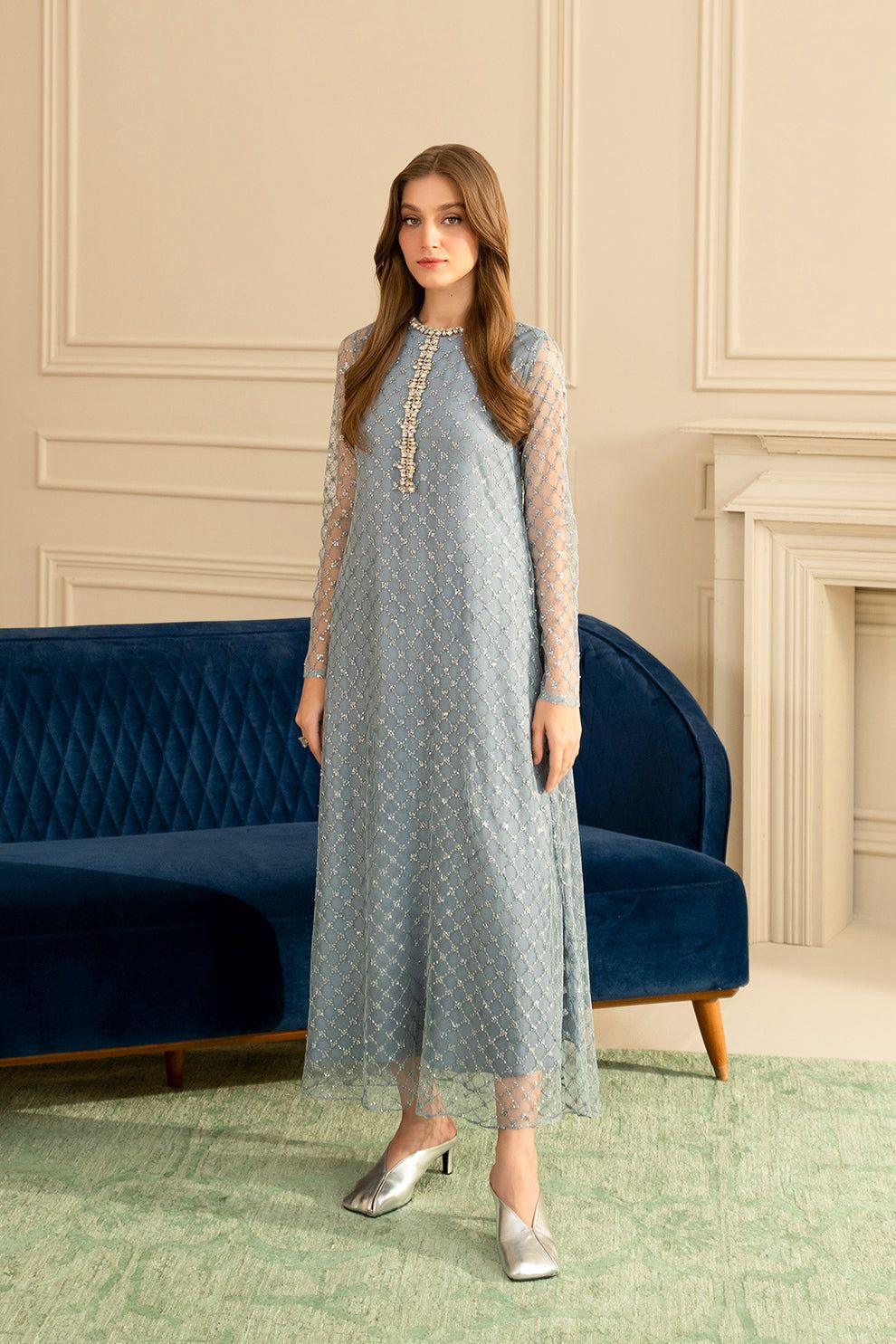 LSR Embroidered Grey Luxury Net Dress