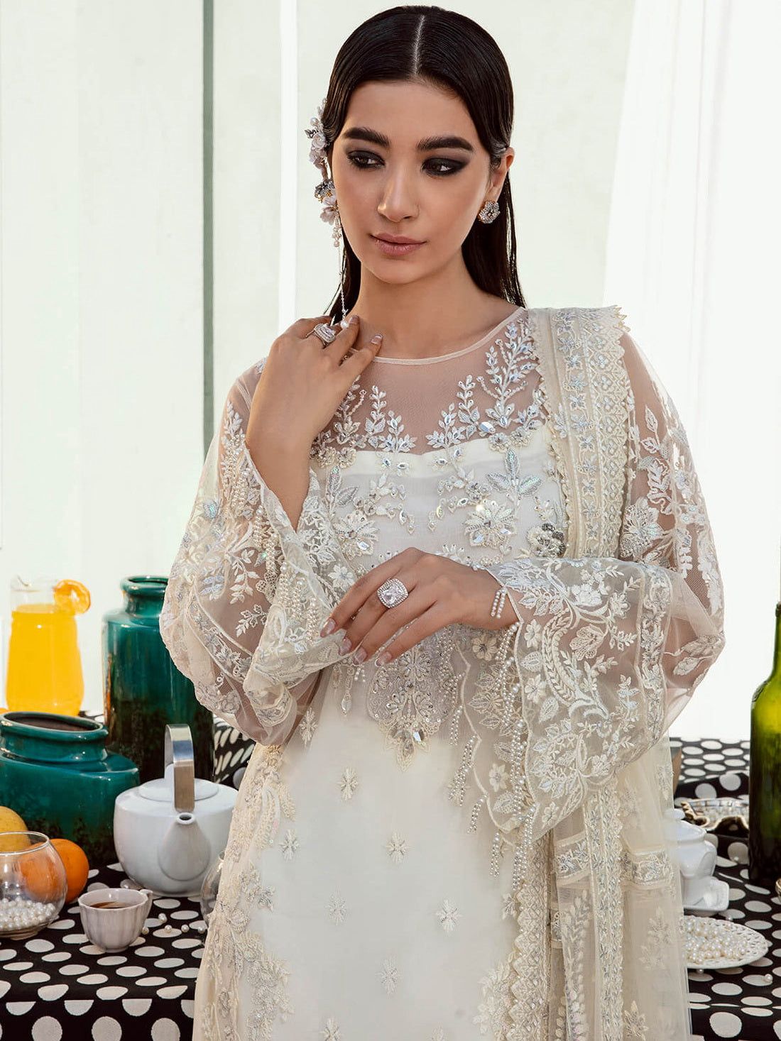 IMZ Embroidered Off White Luxury Chiffon Dress