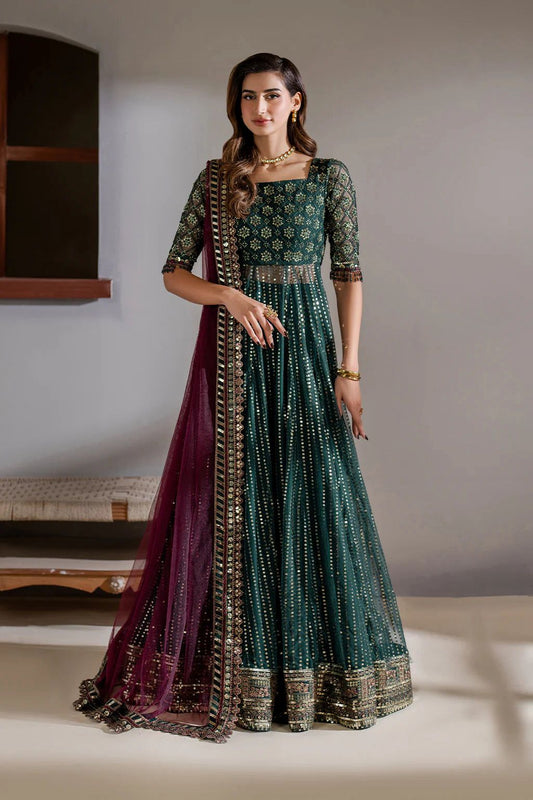 IZK Embroidered Dark Green Luxury Net Maxi